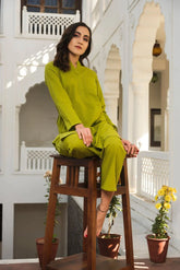 Women's Knee Length Mandrian Collar Neck 3/4 Sleeves Solid Co-ords Set-HFXMA-K141-GREEN